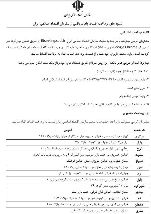 بخشنامه ها-چگونگی پرداخت اقساط وام سازمان